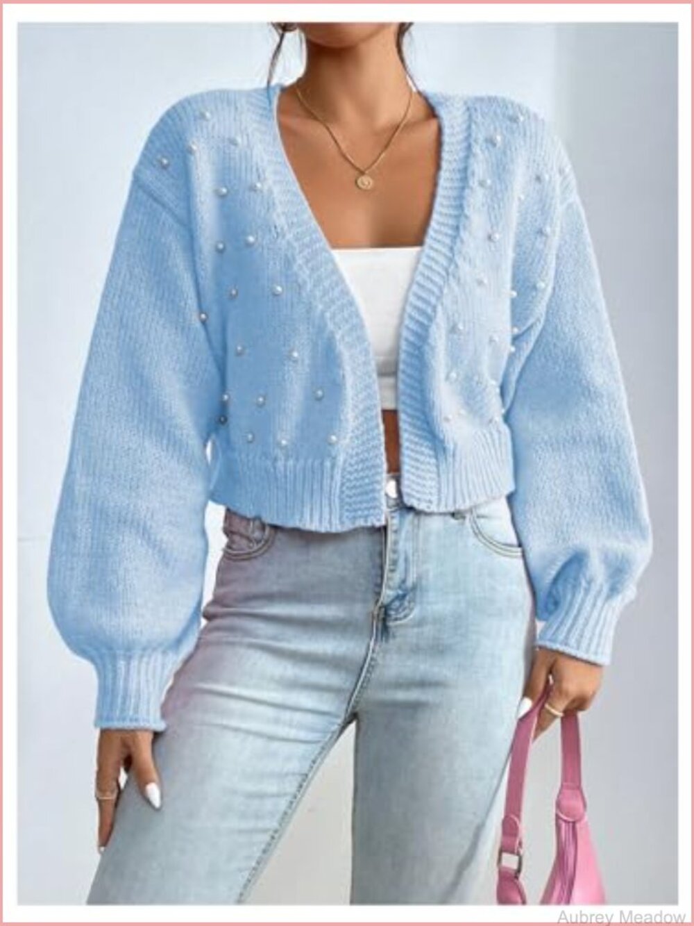Pearl Beaded Open Front Cardigan Oversize V Neck Drop Shoulder Cropped Sweater - Picture 4 of 6